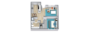 a stylized floor plan with a bedroom and living room