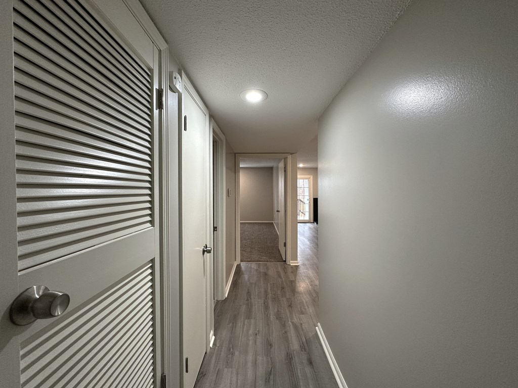 view of hallway from front door looking into hallway with wood flooring and white door