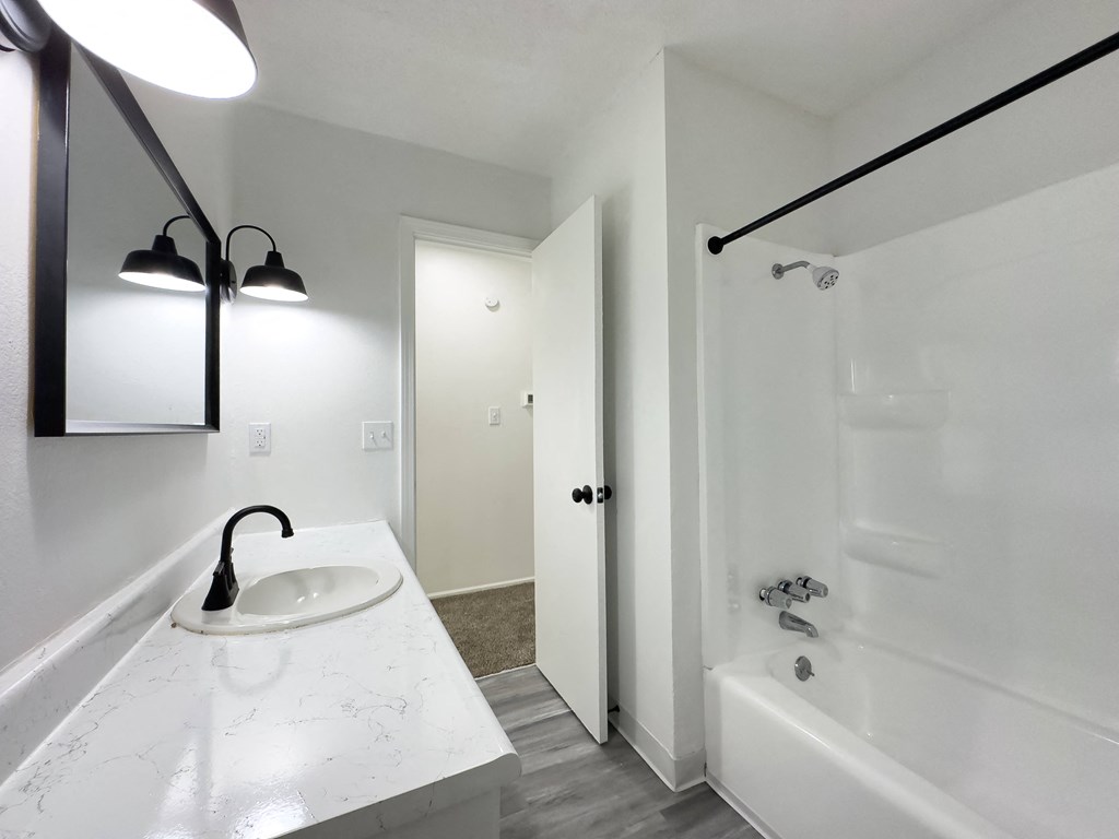 a bathroom with a sink and a tub and a shower