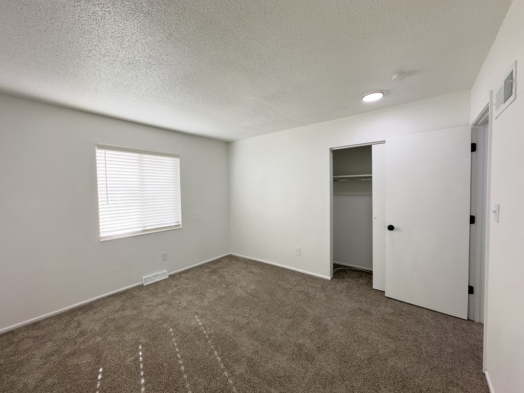 an empty living room with carpet and a door to a closet