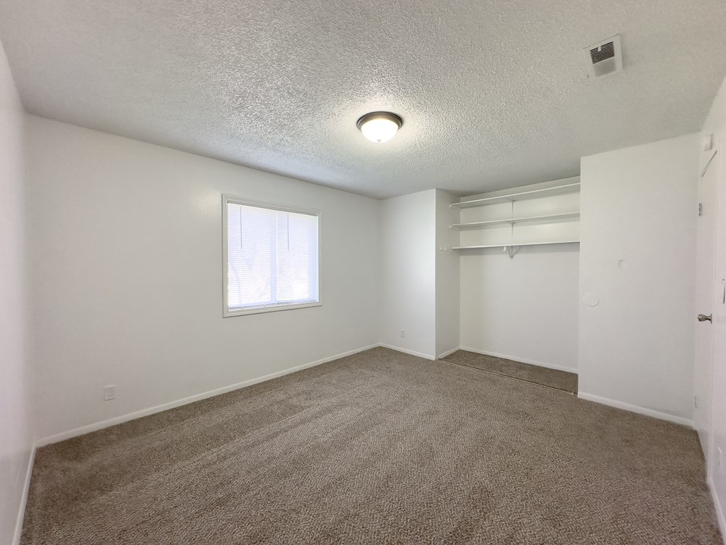 an empty living room with carpet and a window