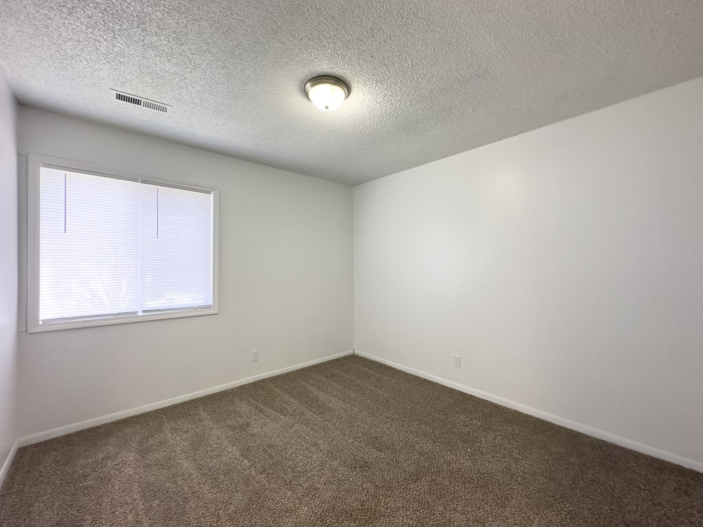 an empty room with carpet and a window