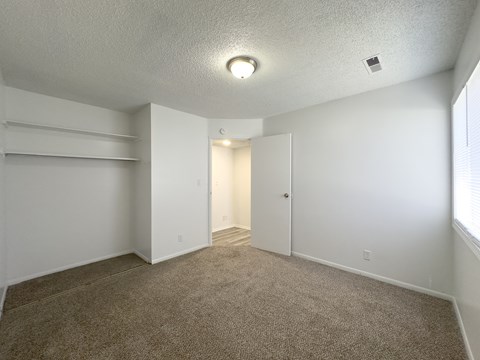 a spacious living room with carpet and white walls
