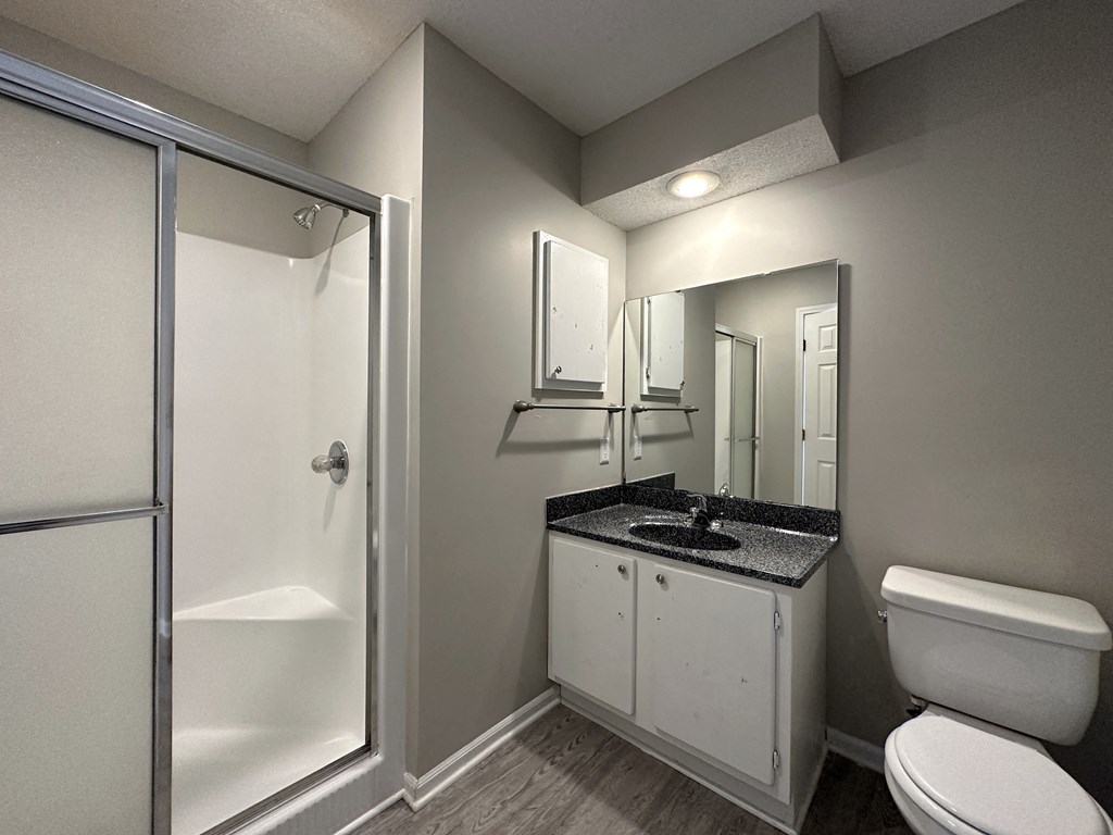 a bathroom with a toilet sink and shower