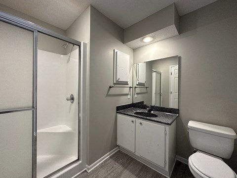 a bathroom with a toilet sink and shower