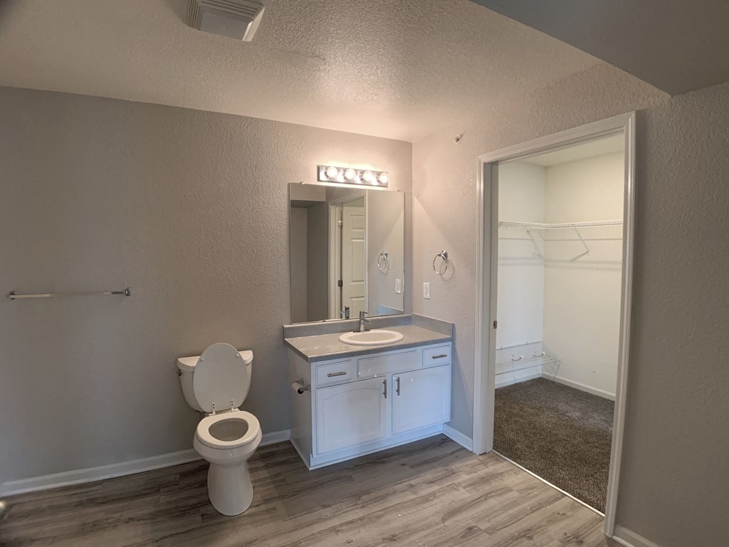 Bathroom with vanity, toilet, and large closet at Saddlewood in Olathe, KS