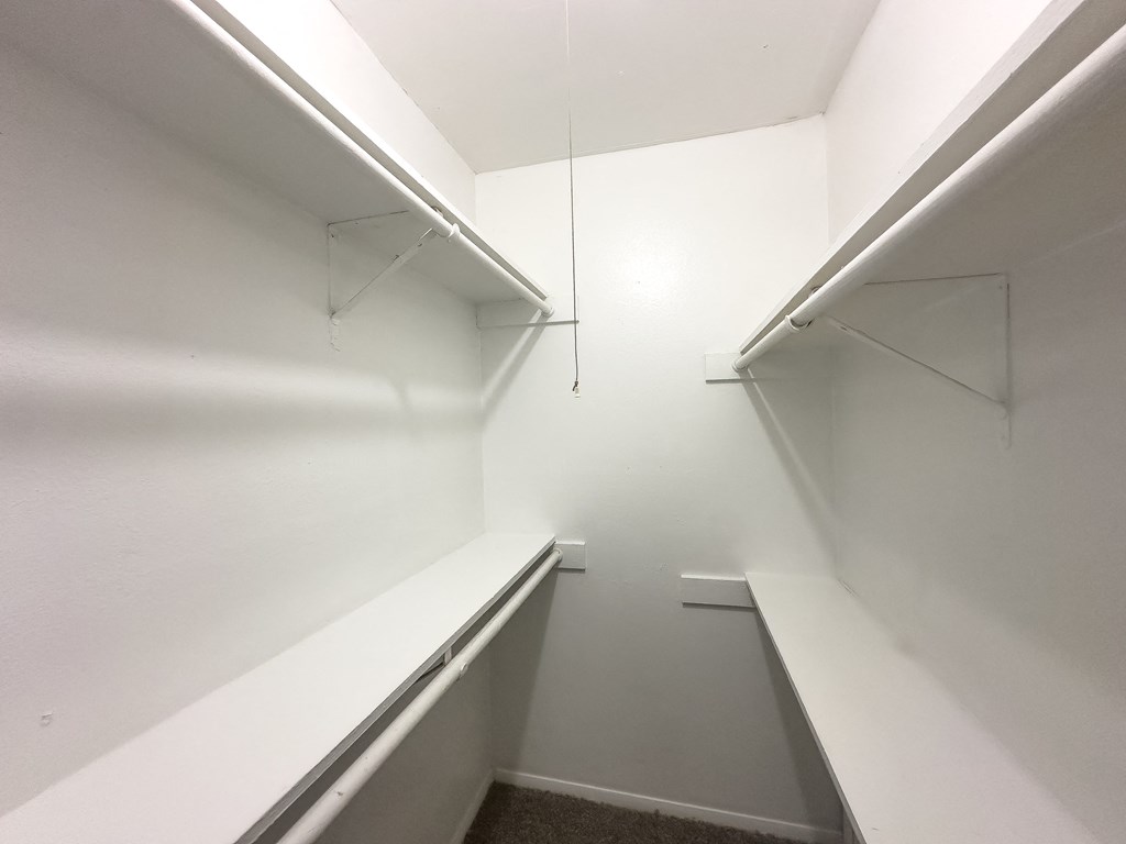 Empty white hallway with a carpeted floor.