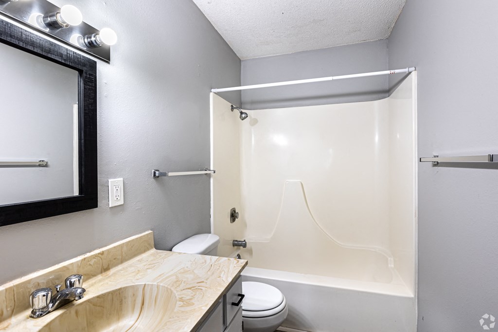a bathroom with a shower sink and toilet and a mirror
