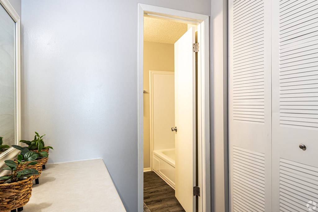 Photo of full sized bathroom with vinyl flooring and linen closet in Kansas City.