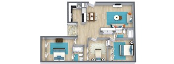 three bedroom floor plan with furniture  at Residences at Lakeshore Apartments, Oklahoma