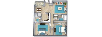 two bedroom floor plan with furniture  at Residences at Lakeshore Apartments, Oklahoma City, OK
