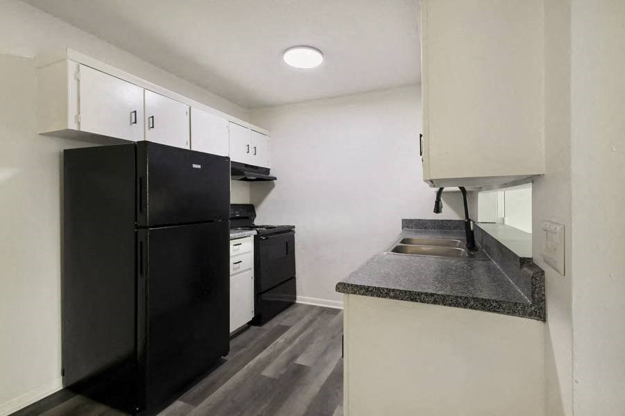 a kitchen with a black refrigerator and a sink
