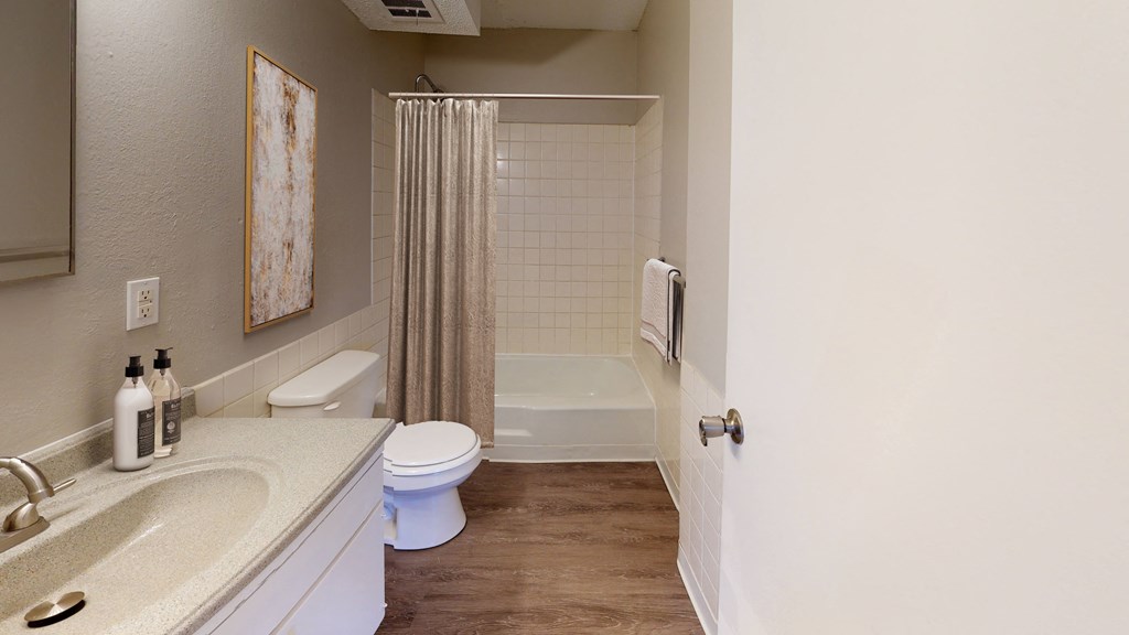 bathroom with large vanity, full sized tub and toilet at lexington square in independence, missouri