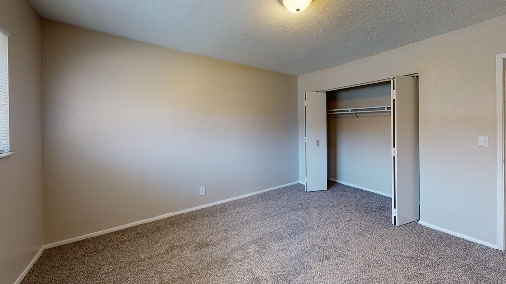 large carpeted bedroom with oversized closet