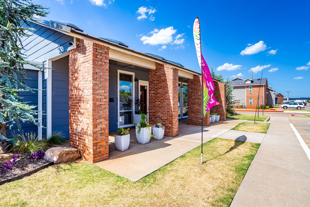 Leasing flag and flower pots in front of office  at Bennett Ridge Apartments, Oklahoma City, Oklahoma