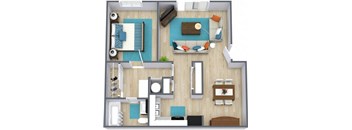 Three dimensional floor plan of a two bedroom apartment with furniture at Stone Oak Apartments in Grandview, Missouri