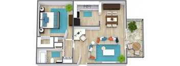 Three dimensional rendering of a one bedroom floor plan at Chouteau Heights in Kansas City, Missouri