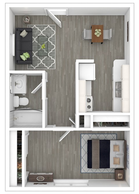 a stylized floor plan with a bedroom and a bathroom