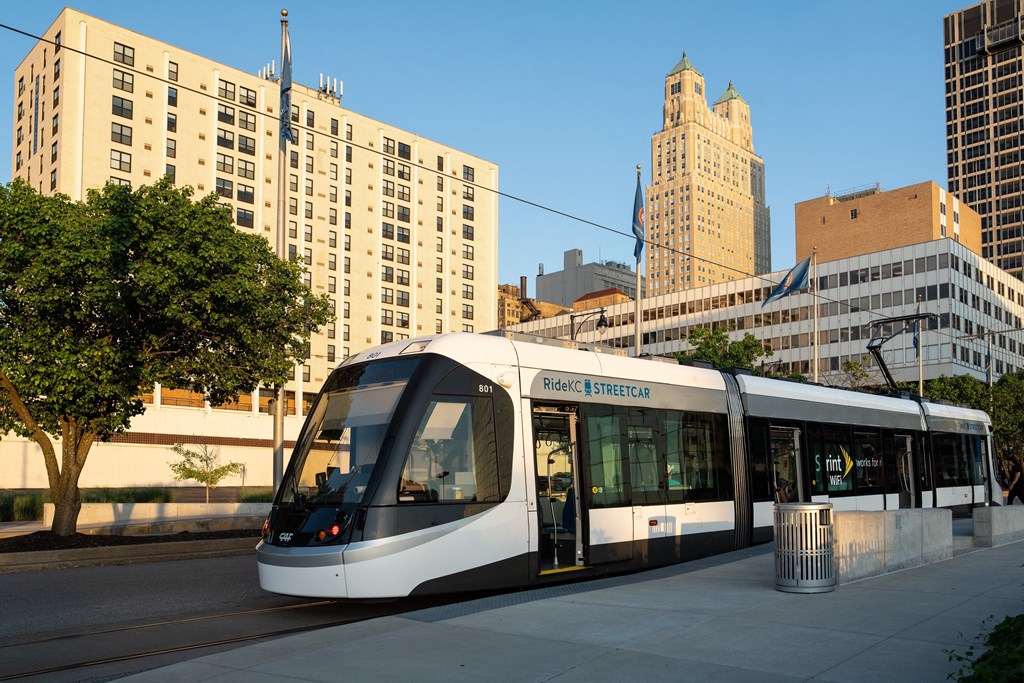 The kansas city streetcar outside walnut tower apartments in kansas city missouri