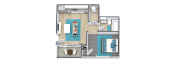 a stylized floor plan of a bedroom with a bathroom and a living room