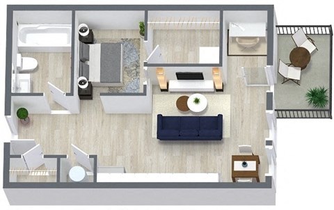 a floor plan of a living room with a blue couch