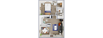 A top-down view of a small apartment with a bedroom, living room, and kitchen.