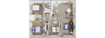A top-down view of a small apartment with two beds, a kitchen, and a living room.