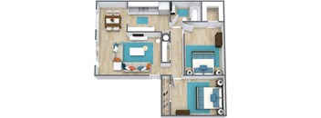 3d image of a two bedroom floor plan