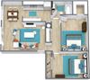 3d image of a two bedroom floor plan