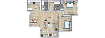 3D image of two bedroom floor plan