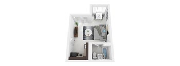 A top-down view of a small, modern apartment with a kitchen, living room, and bathroom.
