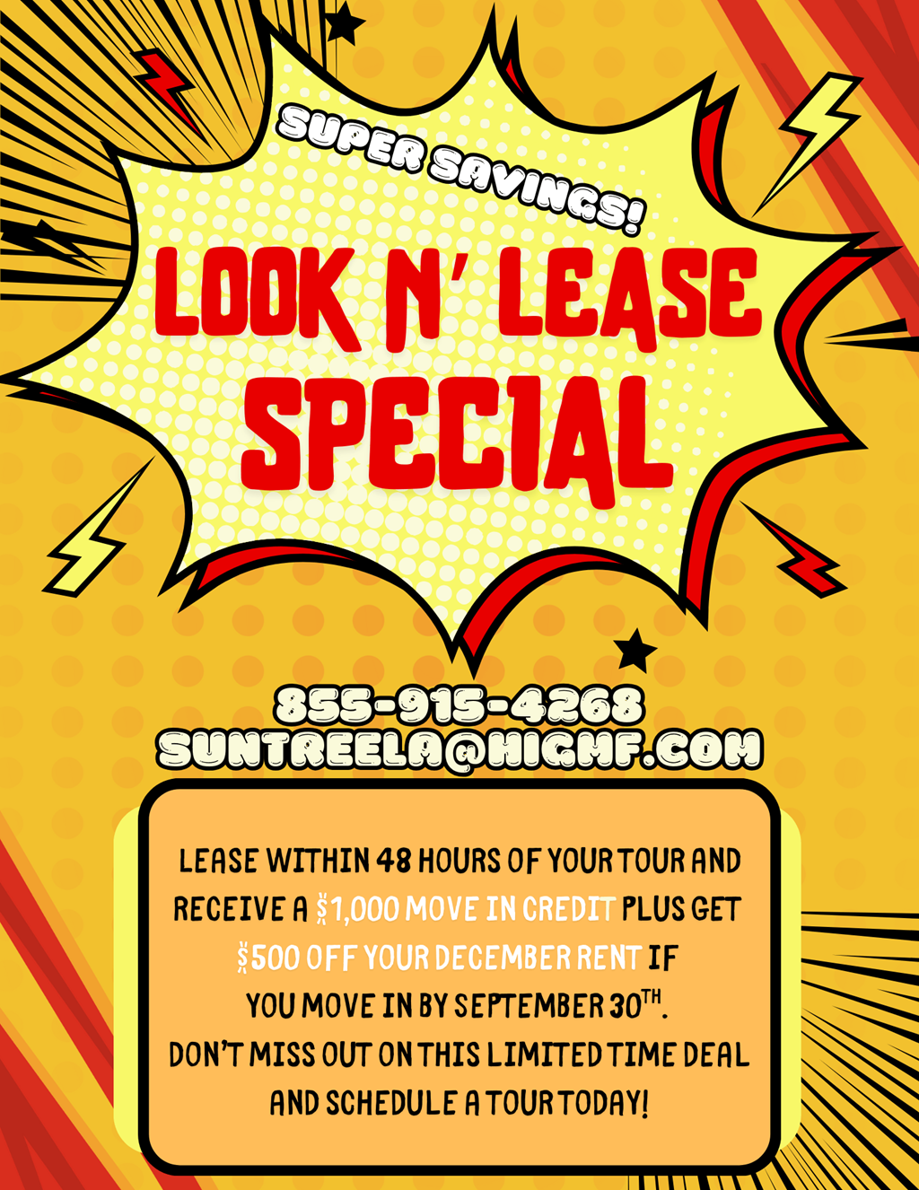 A promotional image for a lease-to-own program offering a $1,000 move-in credit and a $500 discount on December rent if moved in by September 30th.