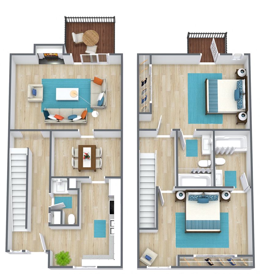 3D floor plan of a two bedroom town home