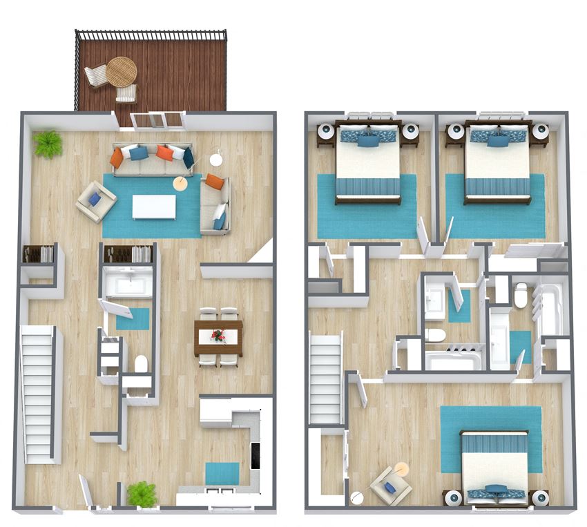 3D floor plan of a three bedroom