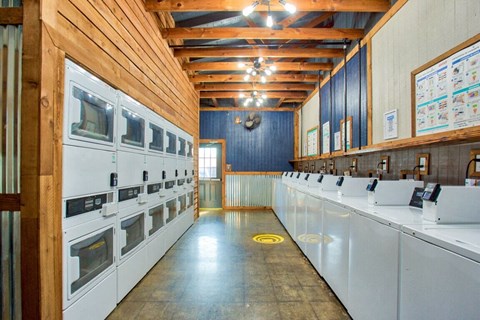 a laundry room with lots of white appliances and a long row of sinks