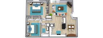 Three dimensional floor plan of a two bedroom apartment with furniture at Stone Oak Apartments in Grandview, Missouri