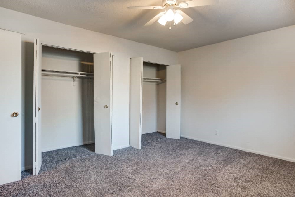 Interior view of bedroom with two large closets