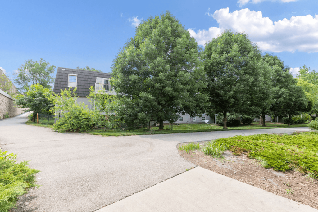 A house with a driveway and trees in front of it.