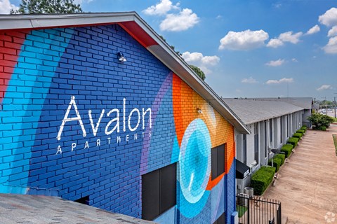 A colorful building with the words