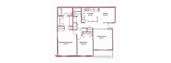 A floor plan of a house with a living room, kitchen, dining room, and three bedrooms.