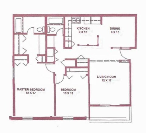 A floor plan of a house with a living room, kitchen, dining room, and three bedrooms.