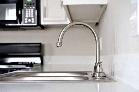 a kitchen sink with a faucet and a microwave