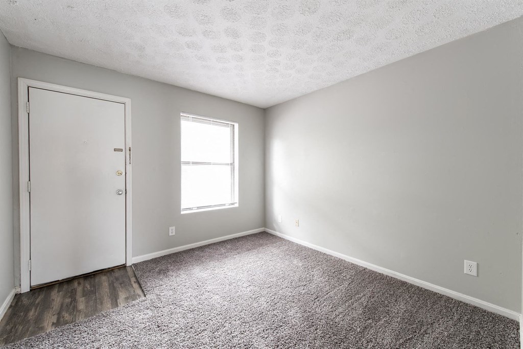 an empty room with carpet and a door