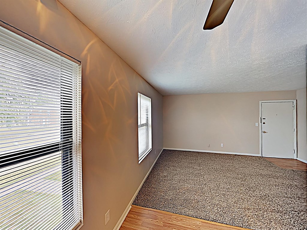 a living room with a large window and a rug on the floor