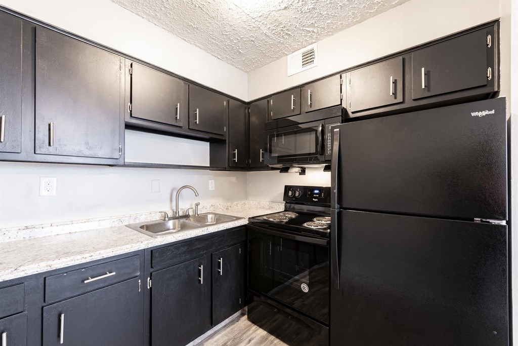 a kitchen with black appliances and black cabinets