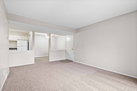 A spacious room with a carpeted floor and a door leading to another room.