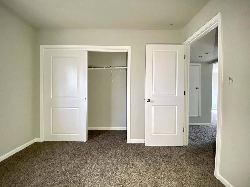 A room with two white doors and carpeted flooring.