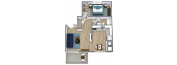 A top-down view of a living room with a couch, coffee table, and television.