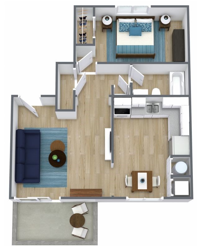 A top-down view of a living room with a couch, coffee table, and television.