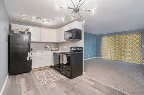 A kitchen with black appliances and a patterned rug on the floor.